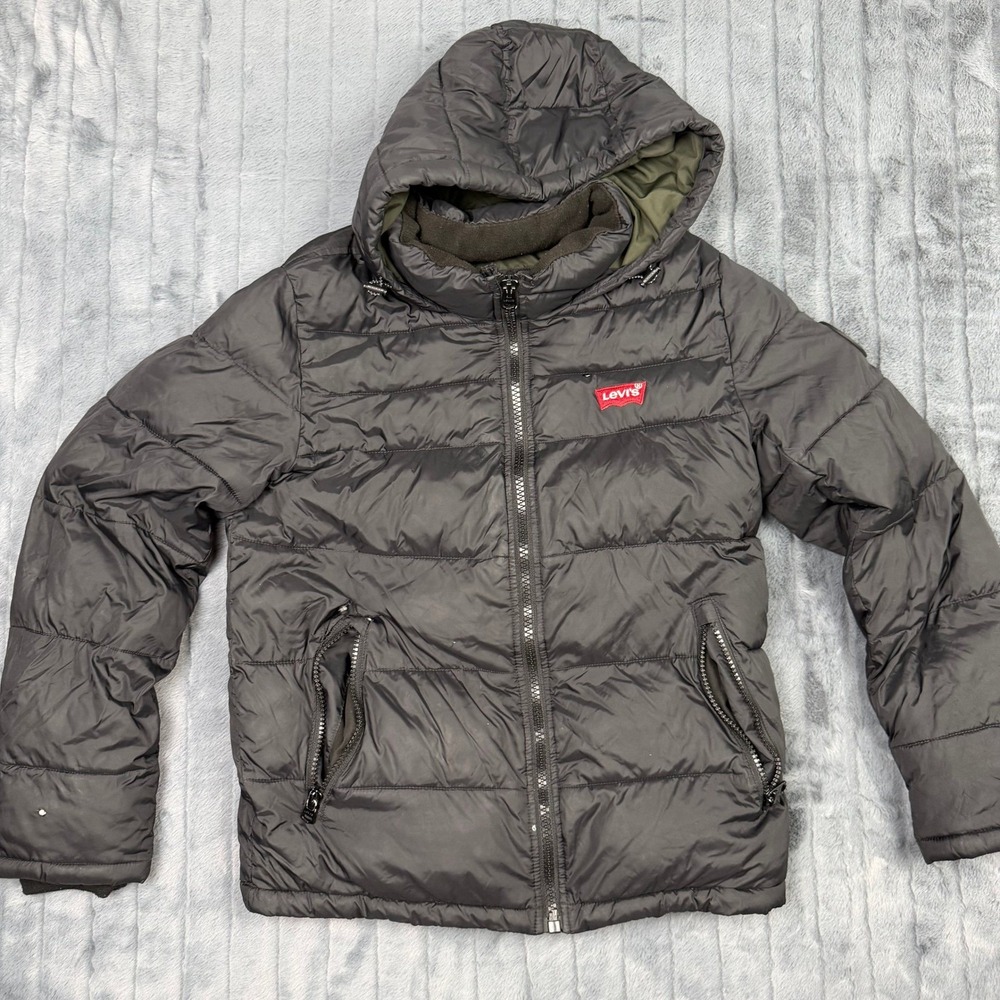 Levis Mens Black Hooded Puffer Jacket Quilted Full Zip Coat Small RN 54163